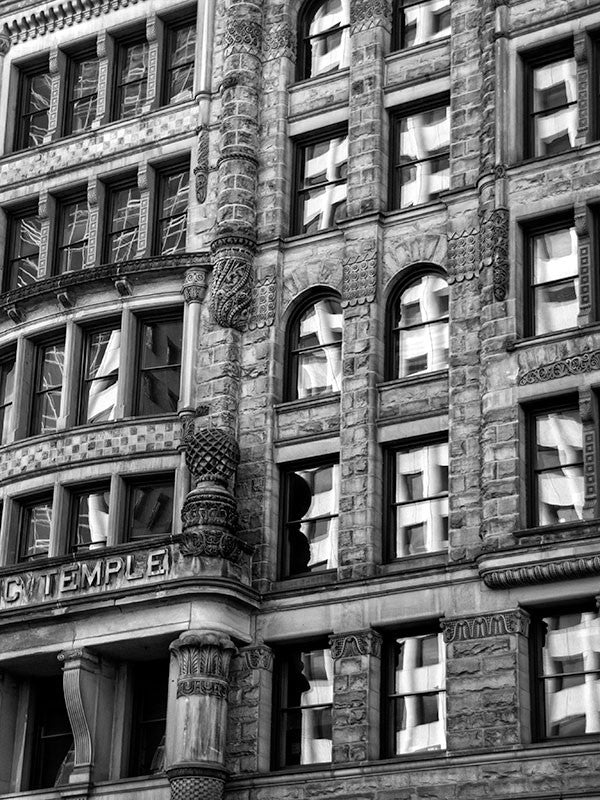 Black and white photograph of the front of the historic Masonic Temple in downtown Minneapolis.