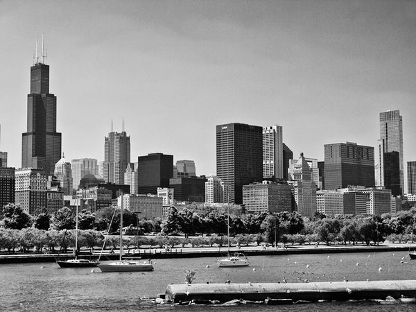 Black and white photograph of the Chicago skyline with sailboats in the foreground.
