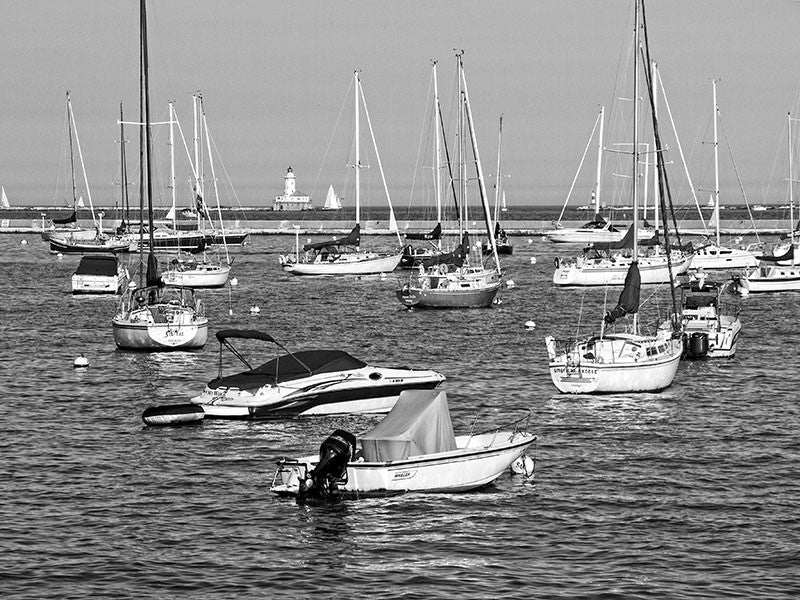 Black and white photograph of the sailboats in the harbor on the Chicago lakeshore