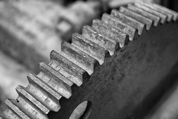 Black and white photograph of a sturdy gear wheel from an antique printing press, focused on the curving row of teeth.