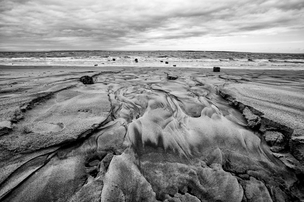 Black and white landscape photograph of a Charleston beach in winter.