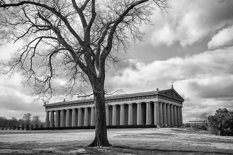 Black and white photograph of Nashville's full-sized replica of the Greek Parthenon, located in Centennial Park in the city's West End.