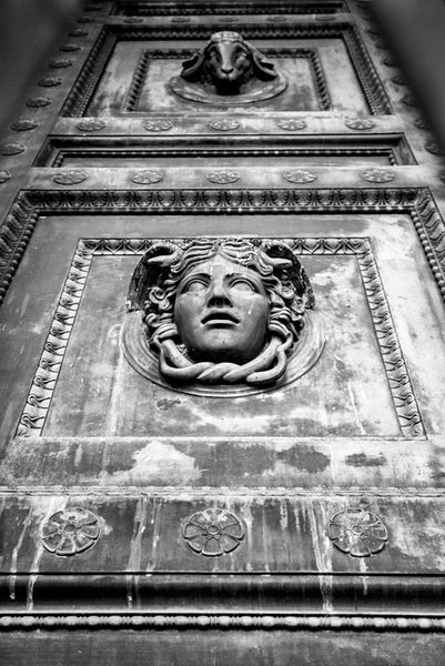 Black and white photograph of one of the the massive bronze doors on the entrance to Nashville's replica of the Athenian Parthenon, located in Centennial Park in the city's West End. Each of the four double-doors is 24 feet tall, one foot thick, and weighs seven and a half tons.