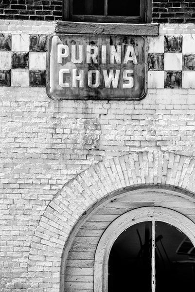 Black and white photograph of a vintage Purina Chows sign on the old Acme Feed and Seed building (before renovation) on lower Broadway in downtown Nashville.