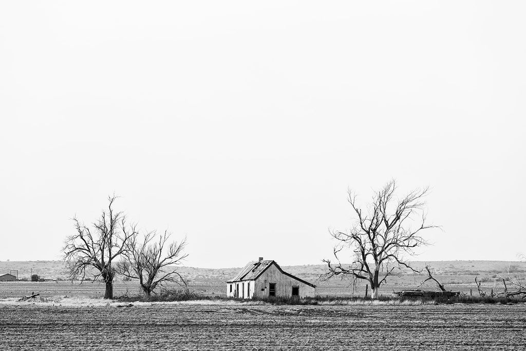 Black and white landscape photograph of the wide open Texas Panhandle with an old lonesome farmhouse and barren trees.