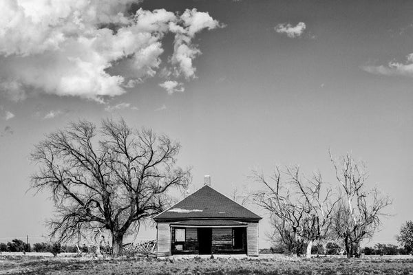 Black and white photograph of a dilapidated and abandoned farmhouse, surrounded by barren trees, on the wide expanse of the Texas Panhandle.