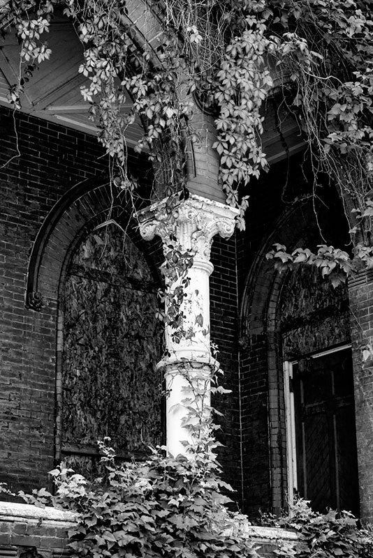 Black and white photograph of a peeling white Corinthian column surrounded by ivy. Louisville's abandoned Quinn Chapel is a historic church that's now falling into ruin but is still quite beautiful and evocative.
