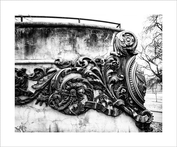 Black and white photograph a large cement ship's bow in West Nashville's Centennial Park, featuring the actual bronze scrollwork from the USS Tennessee, from around 1917.  This photograph can be seen in the Nashville Room, a private dining room at Nashville's amazing Prima Restaurant in the Gulch neighborhood. At 16" x 20," this is the exact size and finish as the print at Prima -- just add your own top mat and framing.