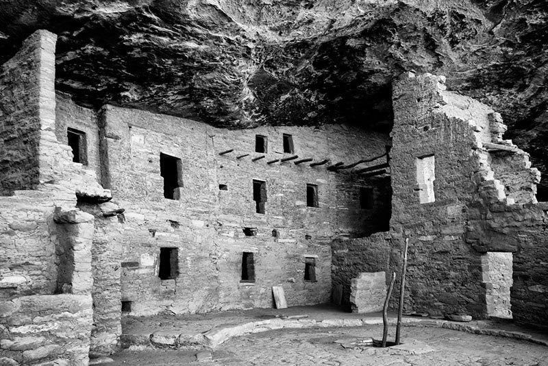 Black and white fine art photograph of the ancient Spruce Tree House dwellings at Mesa Verde, Colorado.