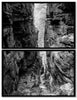 Black and white landscape photograph of a tree at the end of deep narrow gorge between two tall stone walls. Set of two large prints designed to be framed individually and displayed together in a stacked vertical arrangement.