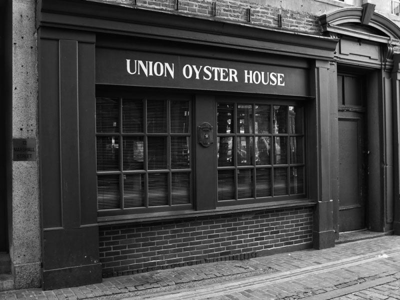 Black and white photograph of Union Oyster House in downtown Boston, in operation since 1826, making it one of the oldest restaurants in the US.