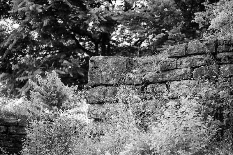 Black and white photograph of the old limestone walls of Fort Negley in the tall grass and weeds near Nashville. Fort Negley is a star-shaped structure built of limestone blocks on a hilltop south of the city, and was the largest inland fort built during the American Civil War. The fort was built by the Union army in 1862 as a defensive post after the Confederates lost control of Nashville in successive battles, but with fighting concentrated in other areas, the fort never saw action.