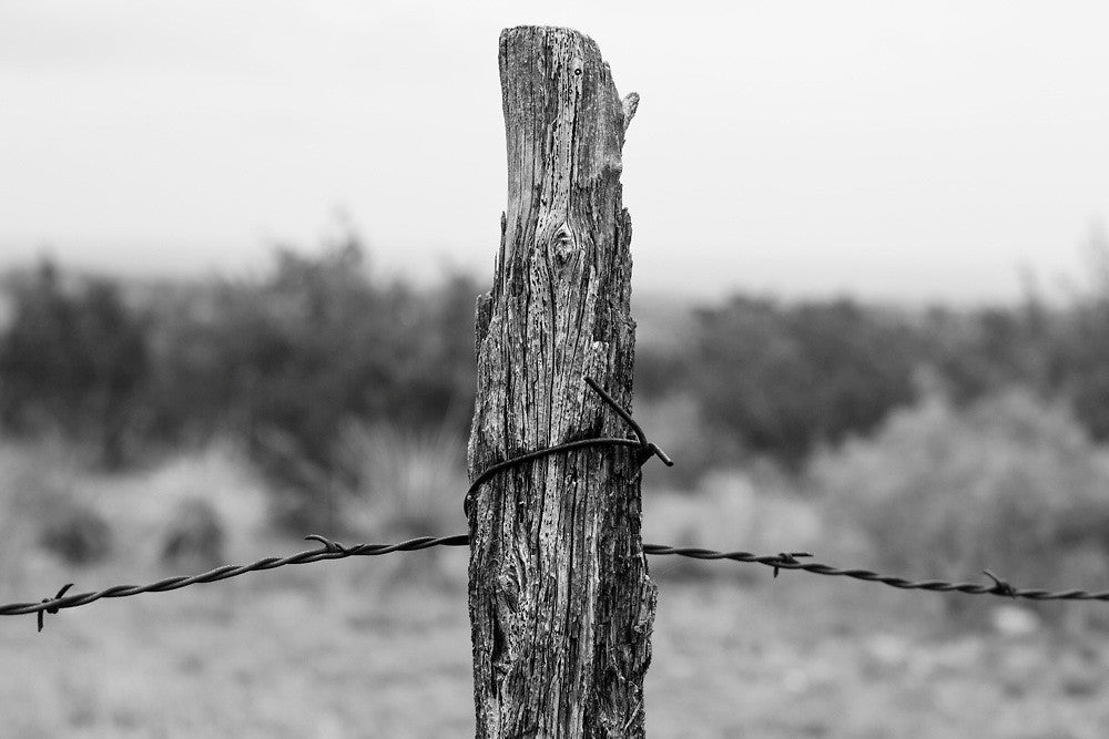 Black and white photograph of a weathered wooden fence post holding a rusty strand of barbed wire in the Texas Panhandle landscape.