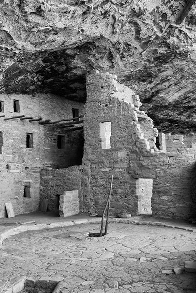 Black and white fine art photograph of the ancient Native American dwellings at Mesa Verde in Colorado, where ancestral Puebloans lived and worked 800 years ago.