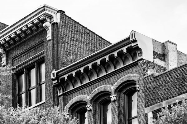 Black and white photograph of the roofline of historic buildings on Second Avenue in Nashville, Tennessee.