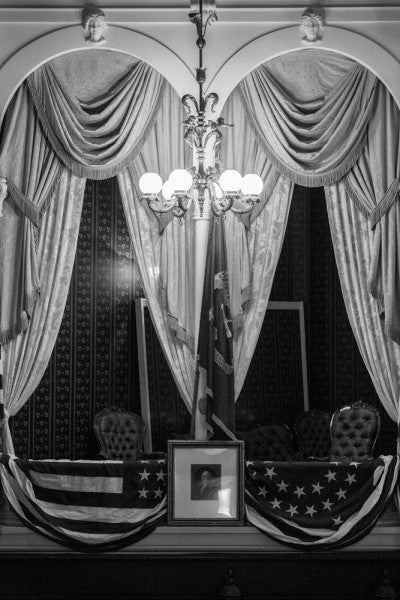 Black and white photograph of the actual box inside Ford's Theater where President Abraham Lincoln was shot by actor John Wilkes Booth on April 14, 1865.
